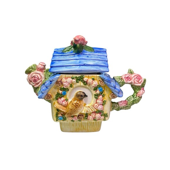 Mini Teapot Floral Bird House Ceramic Unique Spring Summer - Picture 2 of 14
